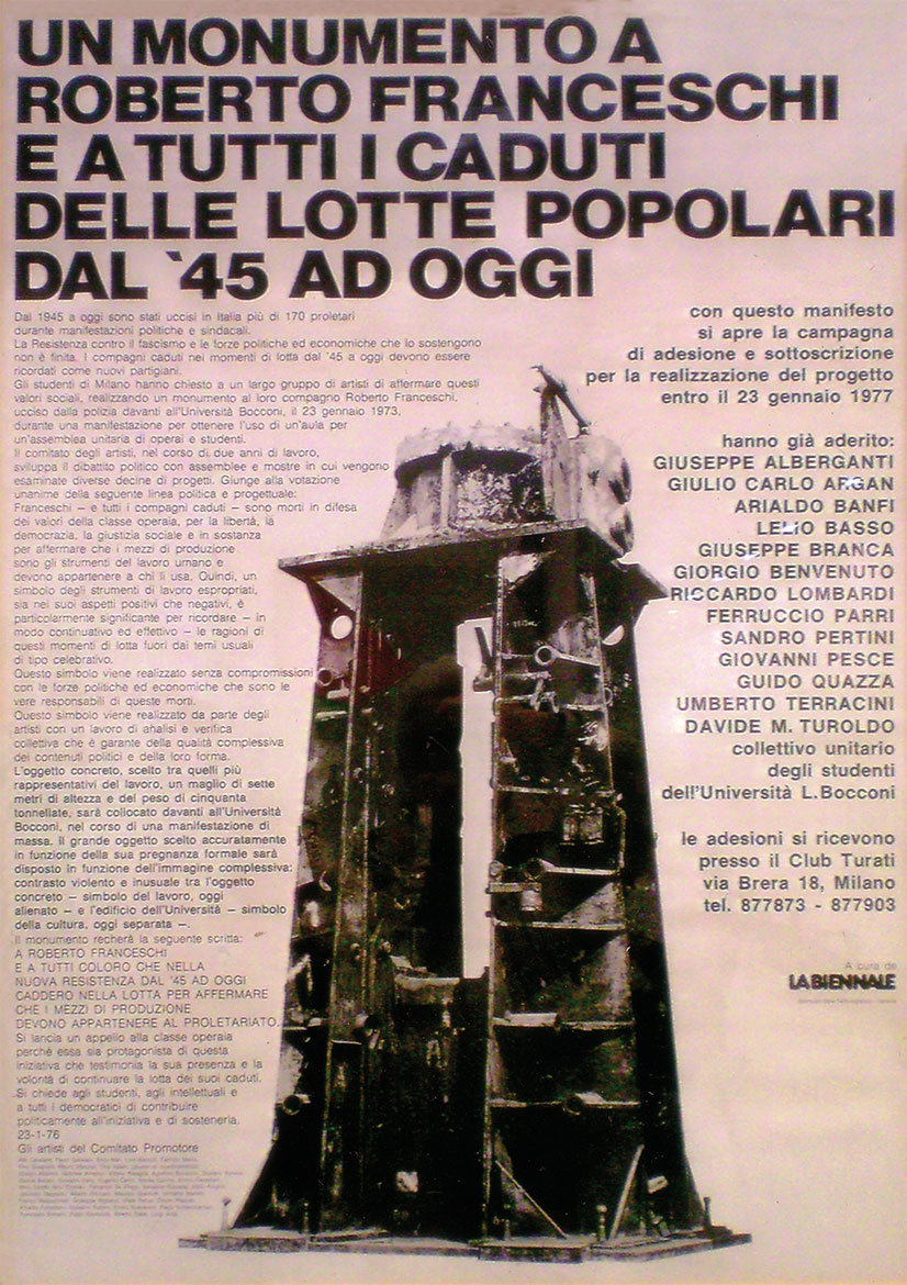 Manifesto del progetto “Un monumento a Roberto Franceschi”,  Luigi Volpi tra i quaranta firmatari del progetto presentato alla Biennale di Venezia del 1977