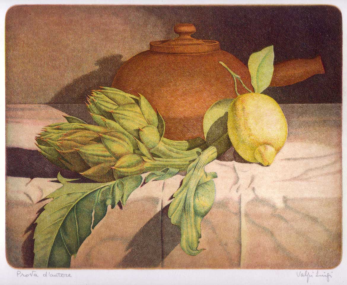 Carciofi e limone - 20x25 - 1986 - acquaforte quattro matrici