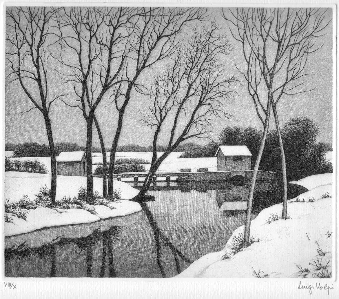 Nevicata sul Sillaro - 19x23 cm - 1992 - acquaforte