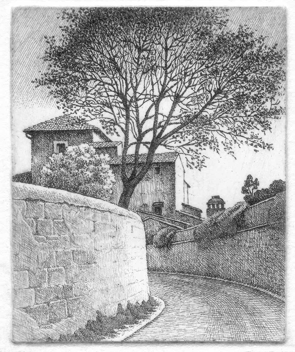 Strada e albero - 7x9 cm - 2004 - acquaforte