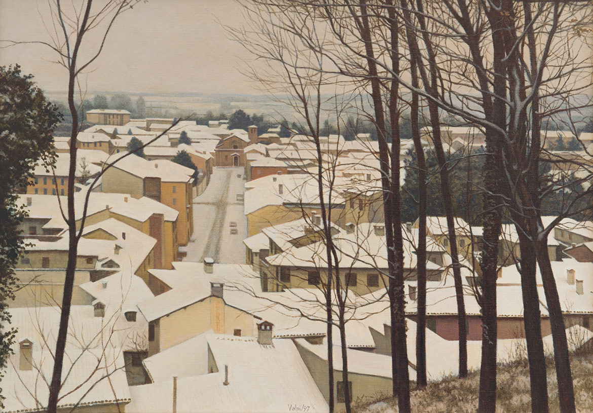 Neve sul borgo - 24x30 cm - 1997 - olio su tela