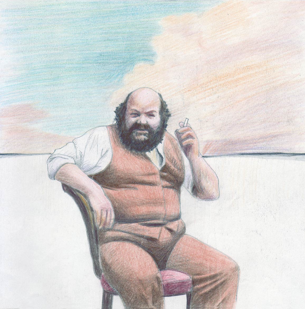 Studio con figura e cielo dipinto - 17x17 cm - 1976 - tecnica mista su carta