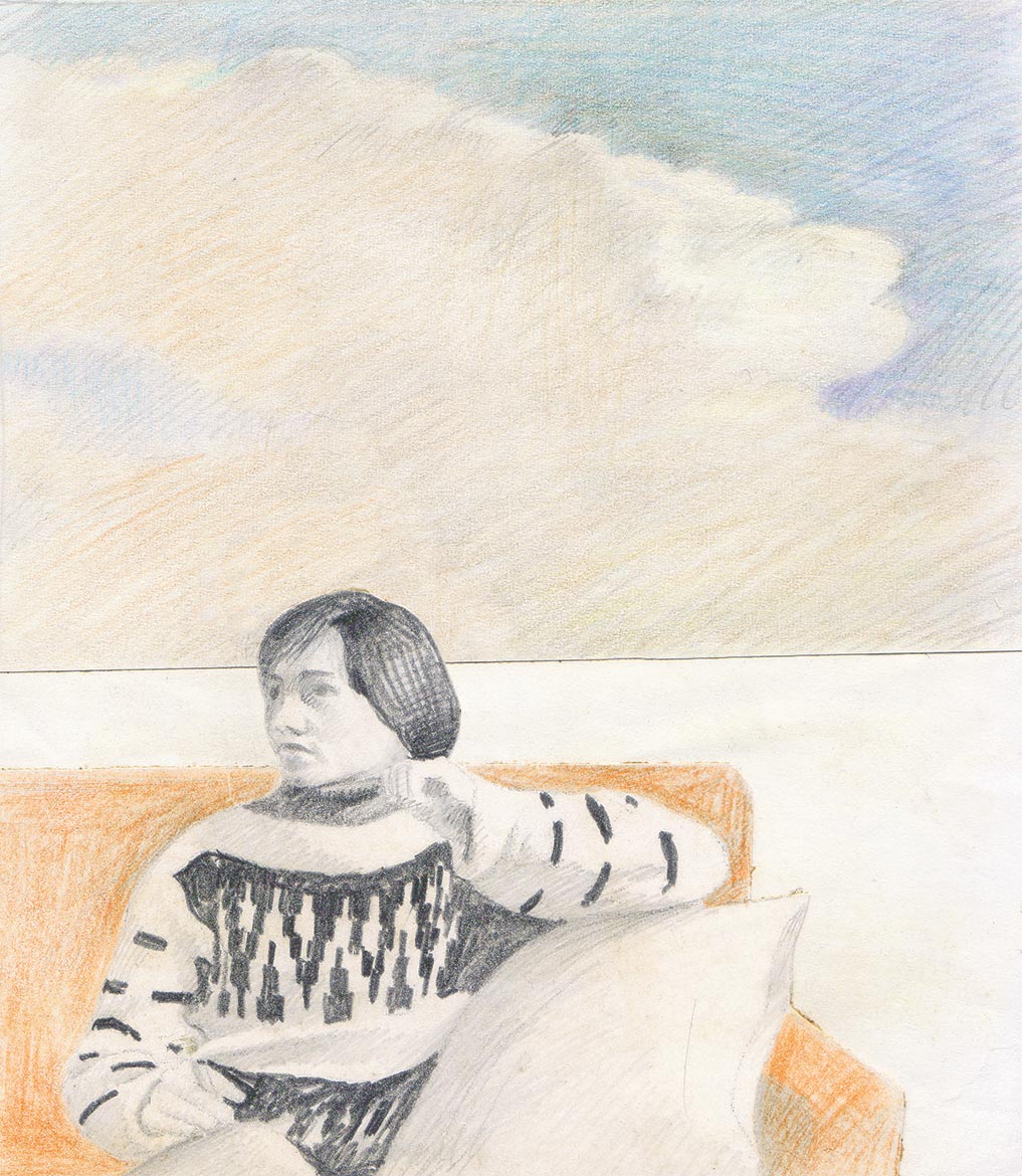 Studio con figura e cielo dipinto - 17x17 cm - 1976 - tecnica mista su carta